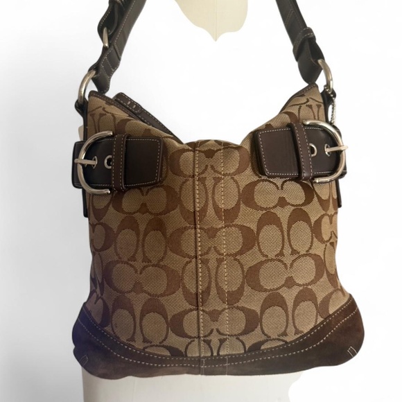 Coach Shoulder Bag Womens Brown Signature Canvas Suede Buckle - Picture 1 of 8